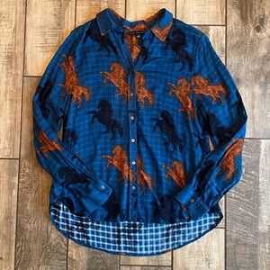 Jane and Delancey Blue and Orange Horse Print Button-Up Shirt